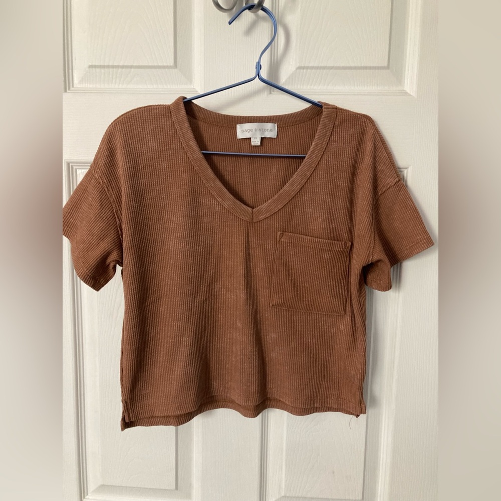 Sage + Stone Brown V-Neck Ribbed Women Top Xsmall